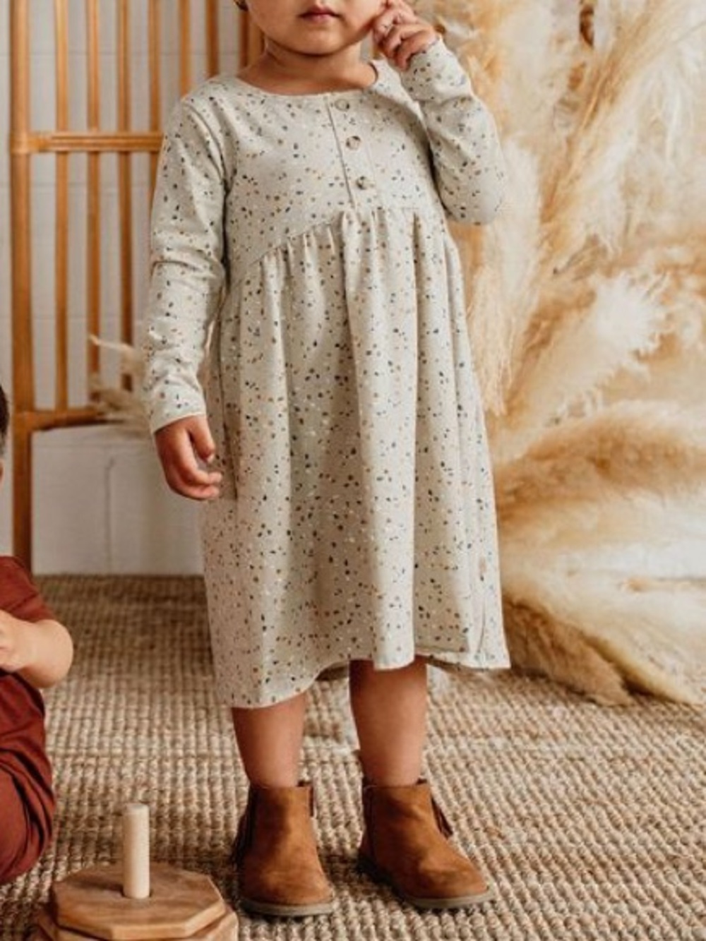 Jax + Lennon Speckles Peplum Long-Sleeve Kids Dress - neutral Beige